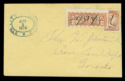 Str. City of WinnipegAug 2 1878, largely clear blue double oval handstamp on registered cover franked by Canada 1873 3c Orange red and 1875 2c Orange Registration (37, F1),
former manuscript stroke cancel and latter with manuscript registration