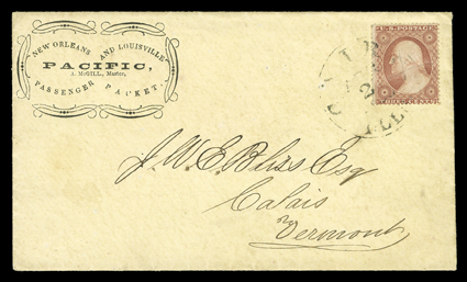 New Orleans and LouisvillePACIFICA. McGill, Master,Passenger Packet, fancy printed corner card on yellow cover to Calais, Vermont franked by 3c Dull red (26) cancelled by
pencil x and tied by Cairo, Ill.Aug 2 datestamp, fresh and extreme