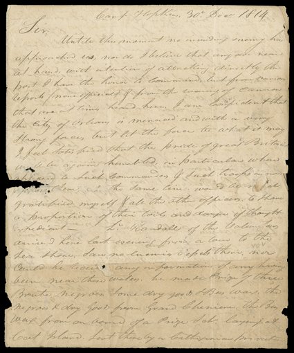 [Battle of New Orleans] Great soldiers letter with integral postmarked address leaf, from Capt. C.R. Hicks to Gov. W.C.C. Claiborne, governor of Louisiana. He writes from Camp
Hopkins (probably near Donaldsonville, LA) on December 30, 1814, that