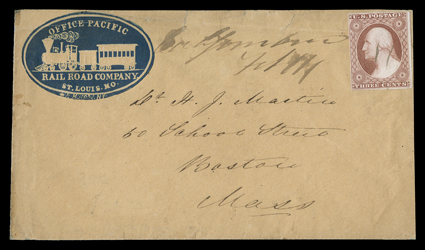 [Pacific Railroad] two covers, first with manuscript CaliforniaFeby 14 Missouri postmark on buff cover to Boston with blue train illustrated corner card of the Pacific Railroad
Co. franked by 3c Dull red (11), second with bold Pacific Railro