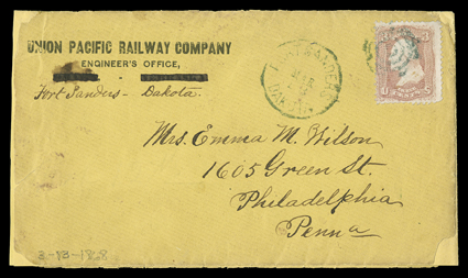 [Building the transcontinental railroad] cover with Union Pacific Railway Company, Engineers Office, Omaha Nebraska corner card altered in manuscript to Fort Sanders - Dakota
to Philadelphia, Pa. with 3c Rose (65) tied by blue target cancel