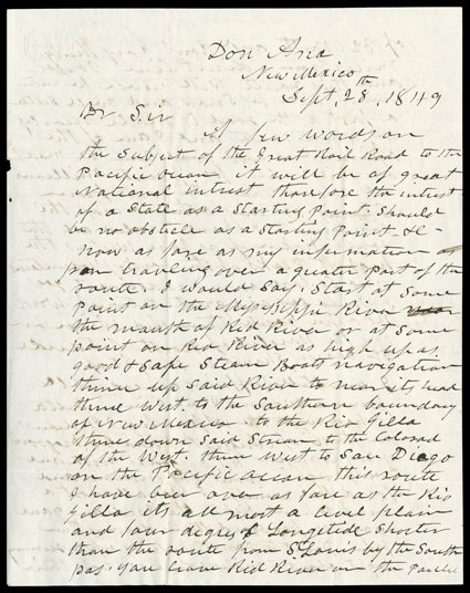 [1849 Proposal for a Transcontinental Railroad via New Mexico] Choice autograph letter by Capt. Enoch Steen of the US Dragoons, to Capt. JW Denver, later a powerful Democrat in
California and Kansas (see his correspondence in the California and C