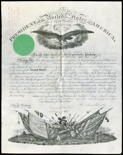 [Abraham Lincoln, Appointment] Partly engraved Document Signed Abraham Lincoln as President, 1 page, folio, on vellum, Washington, March 12, 1863. A military appointment naming
Arthur H. Mills an Assistant Quartermaster of Volunteers with the