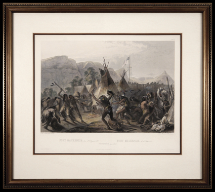 [Fort McKenzie] Aquatint Engraving Fort Mackenzie, August 28, 1833 C. Bodmer, painter, Bougeard, publisher, Manceau and Hurlimann, engraver. Holscher in Koblenz, Ackermann in
London, Bertrand in Paris, [ca 1840]. Embossed C. Bodmer at bottom.