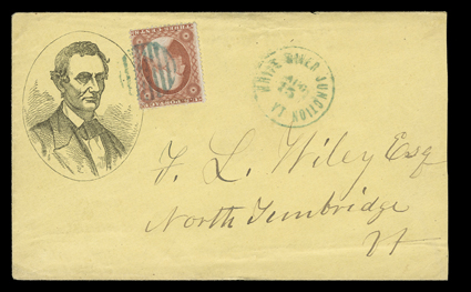 Beardless Lincoln portrait, oval design on yellow cover to North Tunbridge, Vermont with 3c Dull red (26) tied by blue grid, matching White River Junction, Vt.Aug 15 datestamp,
slightly reduced at right, fresh and very fine.