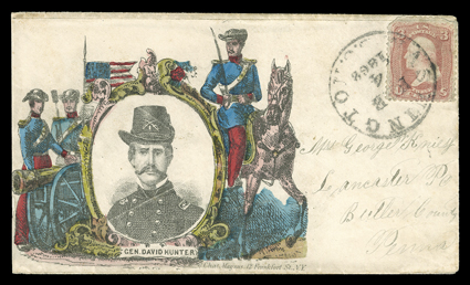 Gen. David Hunter, large multicolored Magnus portrait design cover used to Lancaster, Pa with 3c Rose (65, damaged) tied by Washington, D.C.Feb 4, 1862 datestamp, very fine and
striking design ex-Walcott.Major General David Hunter was Pr