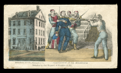 Assassination of Col. Ellsworth, striking Magnus allover multicolored design cover to Claryville, N.Y. with 3c Rose (65) which did not originate on this cover and double circle
Washington, D.C.May 8 datestamp, also includes matching illustrat