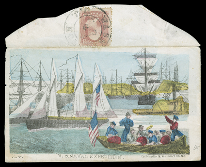Navy related patriotic covers, group of seven Union patriotic covers with navy related designs used with 3c Rose (65), two with different striking allover multicolored Magnus
U.S. Naval Expedition design and one with dual McClellan and DuPont