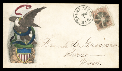 Eagle and Shield, striking multicolored Magnus design cover with the Star Spangled Banner printed in full on back used to Barre, Mass. with 3c Rose (65) tied by Saint Peter,
Min.Apr 8 datestamp, very fine ex-Walcott, Bischel.The only