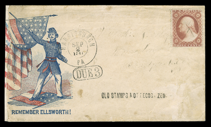 REMEMBER ELLSWORTH!, red and blue design cover with 3c Dull red (26) with manuscript X cancel, double circle Harrisburg, Pa.Sep 2, 1861 datestamp, Due 3 in oval and nearly
complete straightline OLD STAMPS NOT RECOGNIZED handstamp, c