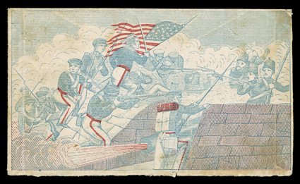 [Battle of Bolivar Heights ], historical letter datelined Berlin Md Oct 2061 (sender wrote wrong date, 1862 corresponds with this battle), on battle scene illustrated
letterhead, with matching cover with allover red and blue design on front, a