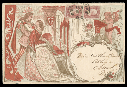 Valentine, stunning large allover valentine design cover in red and brown to Allegany, N.Y. with vertical pair 3c Rose (65) tied by Georgetown, D.C.Feb 11 datestamp, couple
edge tears at base, otherwise very fine and handsome.