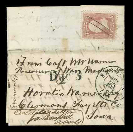Confederate Prison in Madison, Georgia, manuscript Soldiers Letter JA Campbell AAG endorsement and From Capt W W WarnerPrisoner of War Madison, Ga Federal soldiers senders
notation on July 1, 1862 folded letter with integral address leaf