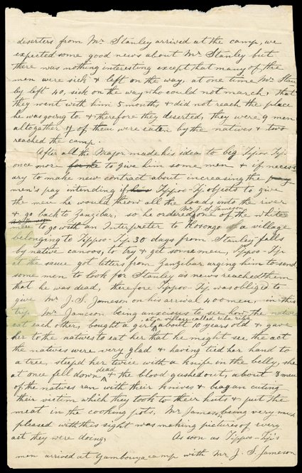 [Henry M. Stanley - Slavery and cannablism on expedition] The Jameson Affair, incredible, and important, content Manuscript Signed by Assad E. Farran, 3 pages, legal folio,
July 14, 1888, an interpreter in the 1886 expedition led by Henry M. Stan
