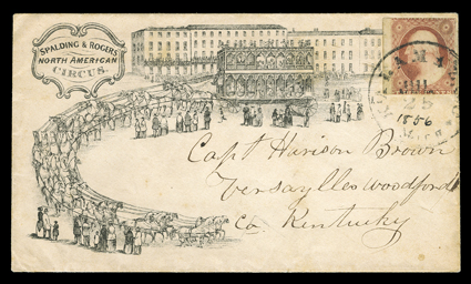 Spalding & Rogers North American Circus, fabulous allover design cover showing 40-horse hitch bandwagon with 3c Dull red (11) tied by Kalamazoo, Mich.July 25 datestamp, very
fine and rare.Spalding & Rogers North American Circus was organized