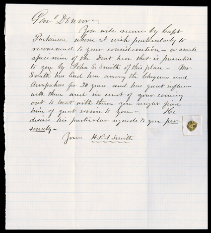Mouth of Cherry Creek, with Gold Sample, from present day Denver, Colorado while Kansas Territory, H.P.A. Smith sends James Denver a sample of gold from Cherry Creek in 1858,
letter with gold nugget affixed stating in part: ...a small specimen