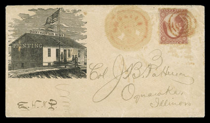 Boulder, Colorado Territory, oily red Au. 19 territorial period datestamp on cover with Rocky Mountain News illustrated corner card to Oquawka, Illinois with 3c Dull red (26)
tied by matching target cancel, very fine one of only two recorde