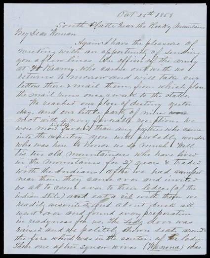 (Denver, Kansas Territory), South Platte near the Rocky Mountains Oct 28th 1858 dateline, present day Denver area, on four page letter of E.P. Pinkie Stout enclosed in buff
cover to Cherry Fork, Ohio, carried by private express to the Calif