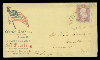 Denver City, Colorado Territory, mostly clear Dec 17 territorial period datestamp tying 3c Rose (65) to commercial waving flag patriotic cover published by the Colorado
Republican newspaper to Mauston, Wisconsin with original enclosure, very f