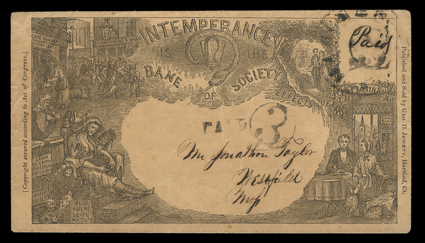 Manchester, Connecticut, Intemperance is the Bane of Society, allover propaganda design cover, published by George D. Jewett in Hartford, Ct., used with Manchester, Ct.
postmark and matching Paid 3 handstamp, very fine.