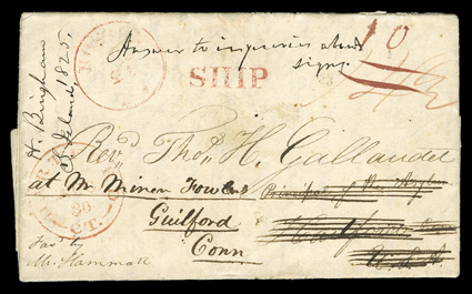 [Historical letter written by Rev. Hiram Bingham from Oahu, 1825] Folded letter addressed to Rev. Thomas H. Gallaudet, pioneer educator to the deaf and dumb, carried outside
the mails by ship to Boston, where it entered the mails with red Boston