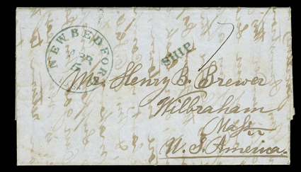 [Armed invasion of Honolulu by the French, 1849] Folded letter datelined at Honolulu to Wilbraham, Mass., carried by the merchant ship Montreal to the United States, where it
entered the mails with blue New Bedford, Ms.Apr 5 datestamps and