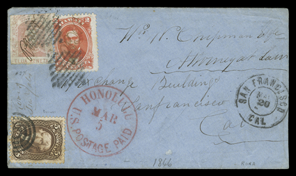 [Kona post office Hawaii and U.S. mixed franking, 1866] blue cover to San Francisco with 1861 2c Pale rose on horizontally laid paper (27, cut in) and 1864 2c Rose vermilion
(31), both cancelled by manuscript Postmasters initials and tied by t