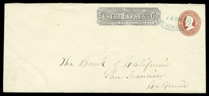 U86, 6c Dark red on amber, legal size entire used to the Bank of San Francisco with printed frank of Eureka Express Co. (Haller FE5, Ty. 1) at top center, usual conjunctive
usage with blue Wells, Fargo & Co.Feb 16Nevada, Cal. oval datestam