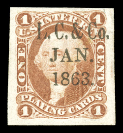 R2a, 2c Playing Cards, imperforate, a beautiful example of this scarce imperforate revenue, featuring large to mostly huge margins all around, strong rich color and a highly
detailed impression, wonderfully cancelled by a L.C. & Co.Jan.1863
