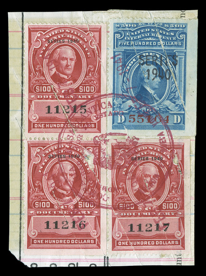 R285a, $500.00 Blue, with large type two line Series1940 black handstamp, tied to piece along with three R308 by strong cut cancels and red handstamp c.d.s., very fine
centering a rarely offered revenue stamp.