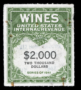 RE170, $2,000.00 Yellow green and black, a well centered used example of this very rare stamp, rich colors, light black handstamp cancel, some minor rust spotting around
staple holes which are found on virtually all of these high denomination Wi