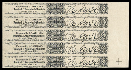RS4, J.C. Ayer & Co., 1c small group of four items, includes a right margin vertical strip of five of RS4d (with gutter marker at bottom), vertical pair of RS4b, vertical pair
of RS4P4 plate proof, and RS4P1, the strip of five has a horizont
