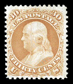 71, 30c Orange, centered slightly to the left but actually better centering than the majority of mint examples, unusually strong color, o.g., lightly hinged, fine 1998 PF
certificate ex-Frohnen.