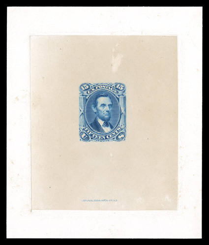 77TC1, 15c Deep blue, large die trial color proof on India, die sunk on 83x97mm card, showing full die sinkage, with National Bank Note Company imprint at bottom, some small
facial scrapes at top of India paper away from die, India paper faint
