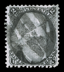 84, 2c Black, D grill, used, considerably better centering than usually found on this notoriously difficult and scarce grilled stamp, exceptionally bright and fresh, cork
cancel, very fine.