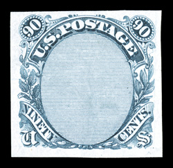 122-E3, 90c Frame only, imperforate plate essays on stamp paper, three examples in different colors, Red brown, Navy blue and Dark blue green, each with four large margins, two
with trivial hinge thin spots, overall very fine