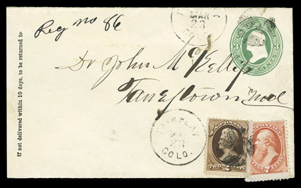 138, 7c Vermilion with grill, with 2c Red brown (146) overlapping at bottom right of 3c Green entire, tied by segmented cork cancel with matching Fair Play ColoMay 23 c.d.s.,
with ms. Reg no 86, the 7c stamp extends over the edge of the co
