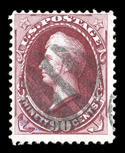 144, 90c Carmine with grill, used, strong color, neat grid cancel, handstamp on reverse just barely shows through at bottom left, nearly very fine 2001 PSE
certificate.