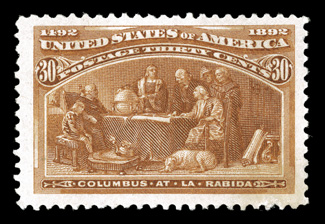 239, 30c Columbian, spectacular appearing mint single, sporting humongous margins and being exceedingly well centered within them, rich luxuriant color, o.g., tiny perf. scuff
at bottom right, otherwise and extremely fine jumbo.