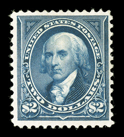 262, $2.00 Bright blue, deep luxuriant color and an especially intense impression on bright white paper, o.g., lightly hinged, very fine for this scarce stamp 1998 PSE
certificate.
