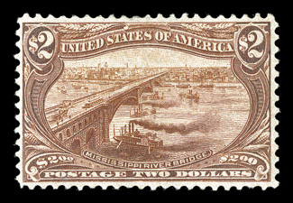 293, $2.00 Trans-Mississippi, far better centering and much larger margins than typically associated with this scarce high value, strong color, o.g., lightly hinged, choice
very fine 2003 PF certificate.