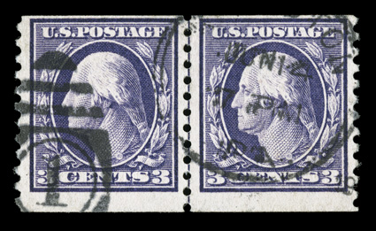 445, 3c Violet flat plate coil, perf. 10 vert., rare used guide line pair, fresh color, duplex cancel, fine 1978 PF certificate.
