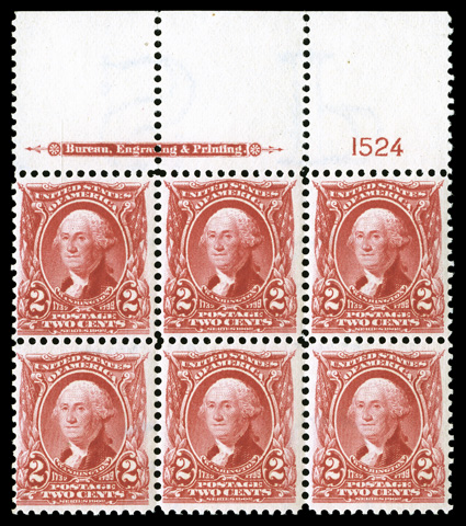 301, 2c Carmine, attractive full top margin imprint and plate no. 1524 block of six, radiant rich color and post office fresh, strong and intact perforations all around, nicely
centered, o.g., n.h., very fine.