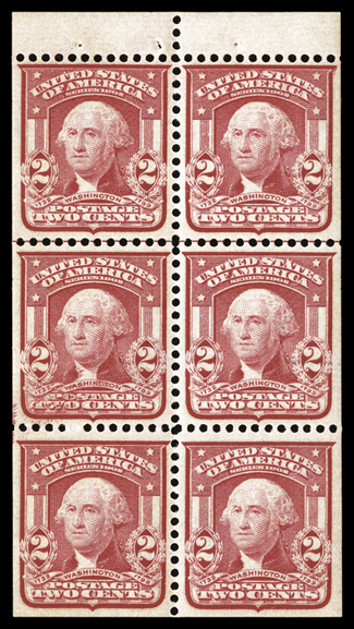 319q, 2c Lake, Ty. II booklet pane, of six, pos. E, a superb mint example of this scarce pane, precisely centered and uncommonly large even margins all around, characteristic
deep color, post office fresh and intact, unblemished o.g., n.h., an e