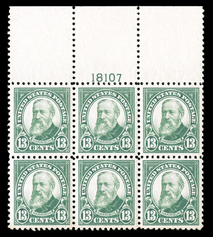 622, 13c Green, magnificent full top margin plate no. 18107 block of six, being incredibly well centered and margined throughout, post office fresh and intact, unblemished
o.g., n.h., extremely fine a gem plate block.