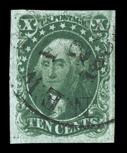 13, 10c Green, Ty. I, an especially handsome and choice used single, possessing four exceedingly large margins, sumptuously rich color and a highly detailed impression, light
New Orleans c.d.s. postmark, extremely fine 1989 and 1999 PF certific