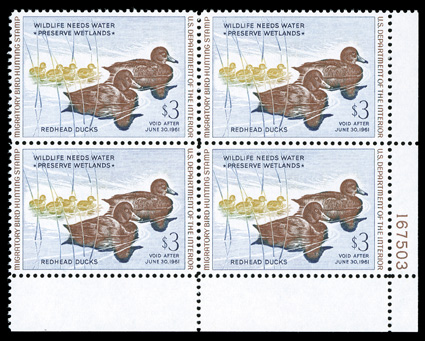RW27, 1960 $3.00 Multicolored, bottom right corner margin plate no. 167503 block of four, virtually perfect centering, o.g., n.h., extremely fine.