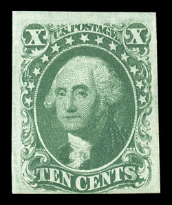 15, 10c Green, Ty. III, with a stitch watermark, three large margins, just touching the design at bottom, strong rich color and a highly detailed impression, full original gum,
a very fine example of this scarce mint stamp 2005 PSE certific