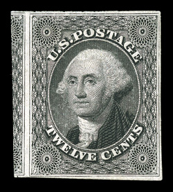 17 var., 12c Black on part India paper, unused, four margins ranging from ample to huge at left, incorporating a significant portion of the adjoining stamp, bright and fresh,
choice very fine a scarce variety that is especially difficult to fin