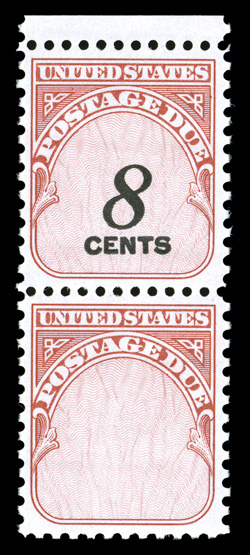 J96a, 8c Carmine rose pair, one with 8 cents omitted, choice top right corner sheet-margin vertical pair, the bottom stamp being the error, exceptionally well centered, fresh,
o.g., n.h., extremely fine a rare error as only twenty such erro
